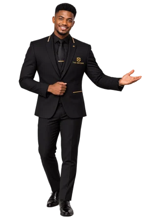 Encore Host, a smiling event host in a black and gold Encore suit